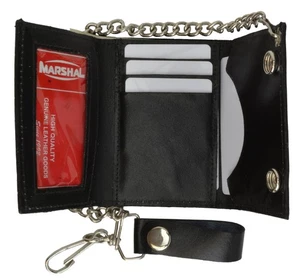 BLACK GENUINE LEATHER Trifold Biker's Wallet ID Card Holder w/Chain Skull - Picture 1 of 9