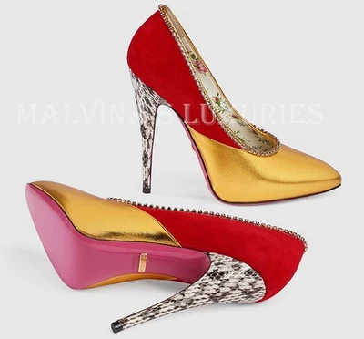 ZAPATOS GUCCI ZAPATOS DE SALÓN MELOCOTÓN CUERO DORADO GAMUZA ROJO PITÓN CRISTAL $1,150 37.5 7.5 Foto 1 de 4