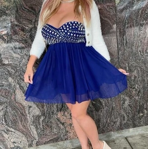 Vintage B.Darlin Jewelled Dress Royal Blue/Silver Small - Picture 1 of 3