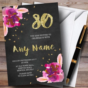 Chalk Gold Confetti Pink Flowers 80th Personalised Birthday Party Invitations - Picture 1 of 1