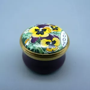 HALCYON DAYS ENAMELS MINI BOX 2007 PANSY FLOWERS PURPLE YELLOW PILLS SCREW 2.5CM - Picture 1 of 11