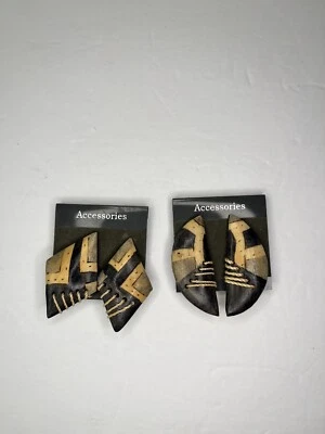 Wooden Tribal Print Earrings Half Moon Diamond Shaped Tribal Ethnic Clip on 2pr - Image 1 of 4