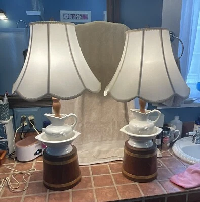 Pair 2 Vintage Wood Bucket/Pitcher Wash Bowl Table Lamp Ceramic French Country - Image 1 of 4