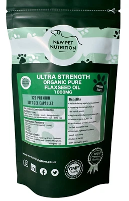 NEW PET NUTRITION 120 Flaxseed 1000MG Organic Gel liquid caps Dogs & Cats Heart & Joint Support