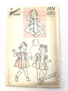 Vtg ORIGINAL Advance 3816 FF Girl's Dress & Panties Pattern ©1944 Sz 1 Breast 20 - Picture 1 of 8
