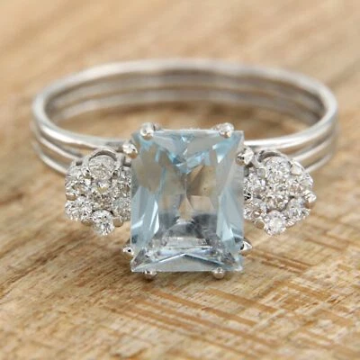 Anillo de cóctel AQUAMARINA y DIAMANTE ORO BLANCO 750 natural genuino 18 kt ct  Foto 1 de 4