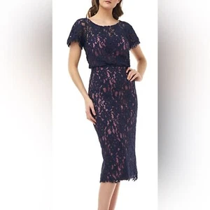 Vestido Vaina Colección JS Talla 10 Azul Marino Floral Encaje Rosa Forro Manga Corta - Imagen 1 de 16