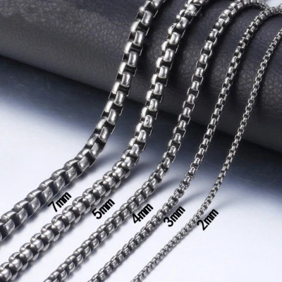 Collar de cadena de caja Rolo tono plata de acero inoxidable 1/2/3/4/5/7 mm para hombres mujeres Foto 1 de 4