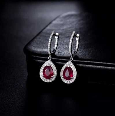 14K White Gold Finish 2.00 Ct Pear Red Ruby & Diamond Simulated Dangle Earrings - Image 1 of 4