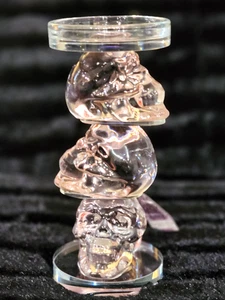 Pink Trio Crystal Stacked Skulls Pillar Candle Holder 8.5" Halloween Pinkoween - Picture 1 of 8