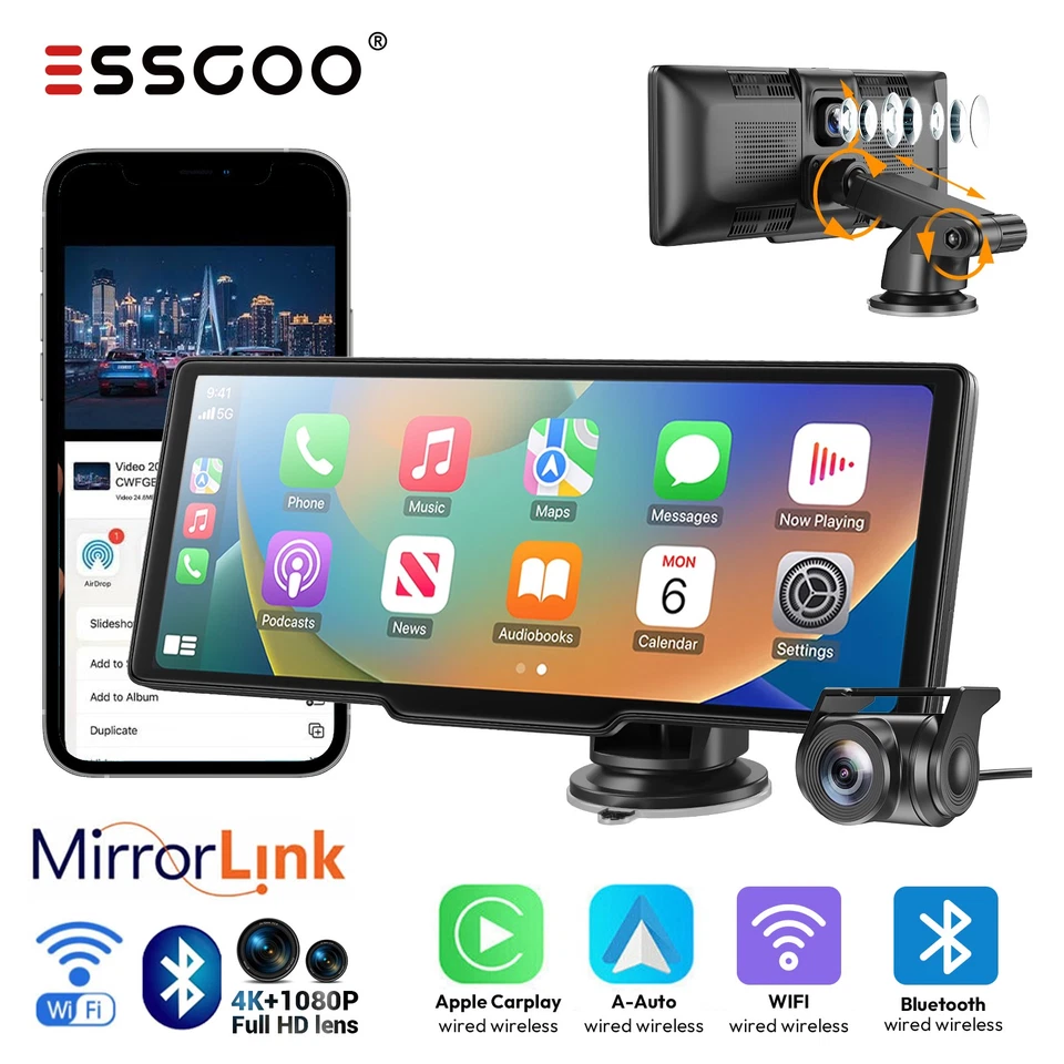 Autoradio Portatile 10.26" Wireless Apple CarPlay Android Auto Dashcam DVR WIFI - Immagine 1 di 4