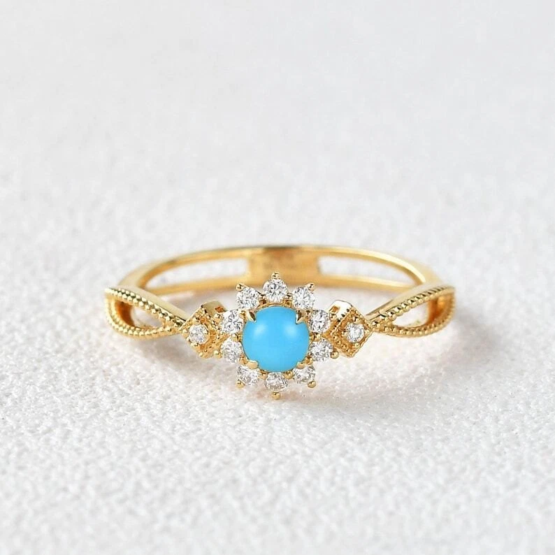 Natürlich Türkis Edelstein 14K Gelb Versilbert Versprechen Damen Ring G418 - Bild 1 von 4