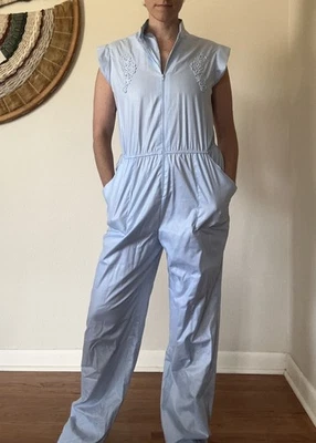 复古 70 年代 Montgomery Ward 婴儿蓝色连身裤女式 M 码 — 第 1/4 张图片