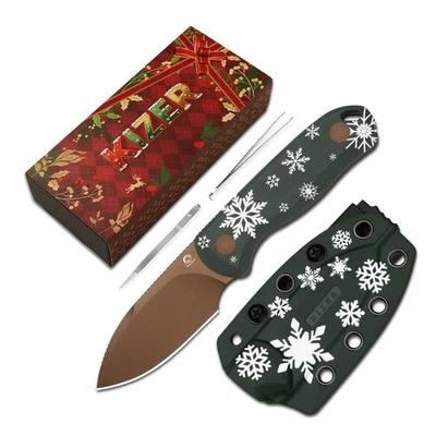 KIZER Christmas Drop Bear Fix Knife Full-Tang EDC-Messer D2 G10 Weihnachten Grün - Bild 1 von 4