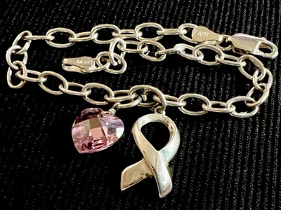 "Brazalete de plata esterlina con dije de cáncer de mama firmado 925 cristal rosa y cinta 7""" Foto 1 de 4