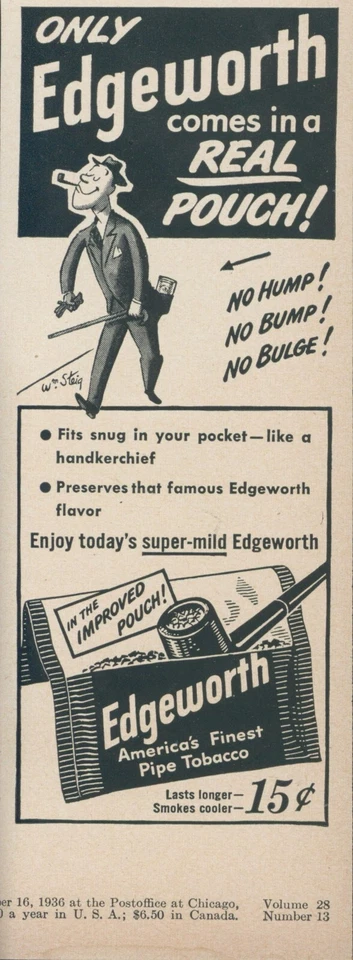 1950 Edgeworth Pipa Tabaco William Steig Artista Bolsa Real Anuncio Impreso De Colección L11 Foto 1 de 1