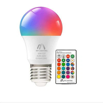 RGB LED Bulb 10W E27 with Remote | Dimmable | 16 Colours + 6500K White | 1 Pack - Image 1 of 4