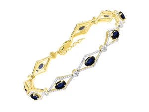 RYLOS SAPPHIRE & DIAMOND TENNIS BRACELET YELLOW GOLD PLATED SILVER 7-8" - Picture 1 of 6