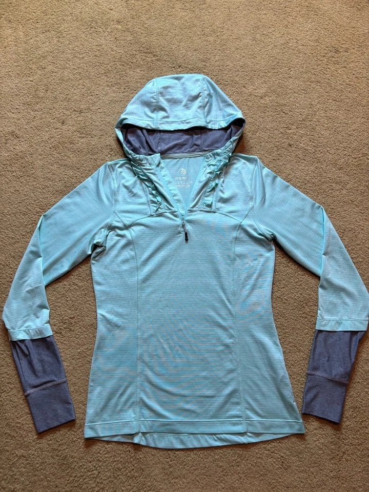 MPG Mint Aqua Green Hooded Pullover Quick Dry Hoodie Shirt Ruffled Pullover S - Image 1 of 4