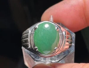 4.335 CT A GRADE GREEN JADE JADEDITE 925 STERLING SILVER MENS RING SZ 9.25 8 GR - Picture 1 of 12