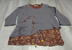 Infini Moi Tunic Top Lagenlook Boho Layered Gray Floral Long Sleeve XL - Picture 1 of 8