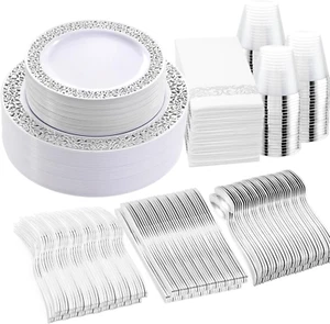Silver Disposable Dinnerware Set for 50 Guests: Plates, Cups, Napkins, Cutlery - Picture 1 of 11