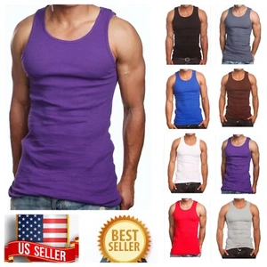 Men Tank Top Tee 100% Cotton Muscle Ribbed Wife Beater Gym T-Shirt Big Size S-5X - Picture 1 of 28