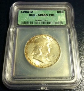 1952 D Franklin Half Dollar 50C NGC MS 65 FBL GEM BU Full Bell Lines EOR Toning! - Picture 1 of 5