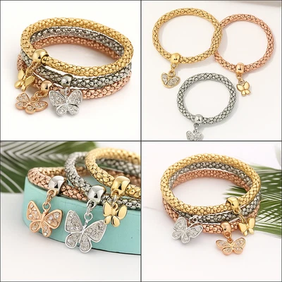 ✨ 3er Set Armbänder Damen Edelstahl Schmetterling Gold Roségold Silber Strass 🦋 - Bild 1 von 4