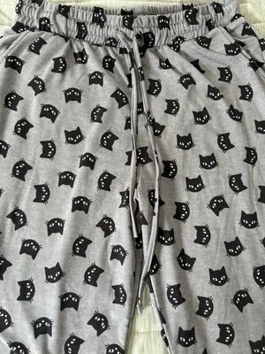 Soft Cat Face Pajama Pants, Women Size Medium Gray, Black Cat - Image 1 of 3