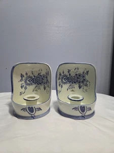 Vintage Blue Delftware Porcelain Chamber Taper Candle Holder X2 Wall Or Table... - Picture 1 of 10