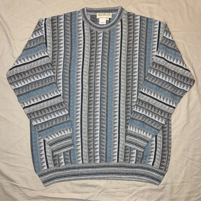 VTG Norm Thompson 3D Knit Sweater Men’s SZ XXL Blue Geometric Coogi Style Italy - Image 1 of 4