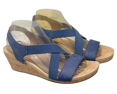 Life Stride Sz 8.5 Mexico Strappy Wedge Sandals 2" Cork Heel Cushioned Blue  Foto 1 de 4