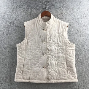 Cabela's Vest Womens XL Quilted Cream Button Front Mock Neck Sleeveless Pockets - Picture 1 of 16