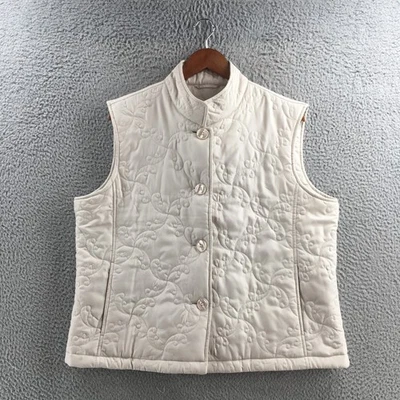 Cabela's Vest Womens XL Quilted Cream Button Front Mock Neck Sleeveless Pockets - Image 1 of 4
