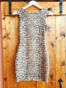 Lipsy Bodycon Dress 10 Browns/Black Animal Leopard Print Stretchy - Picture 1 of 3