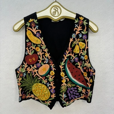 90s Vintage Fruit Vest MEDIUM Black Embroidered Sleeveless Retro Unique Funky - Image 1 of 4