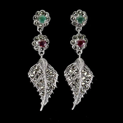 925 Sterling Silver Earrings Round Emerald Ruby Marcasite Gemstone Jewelry - Image 1 of 4