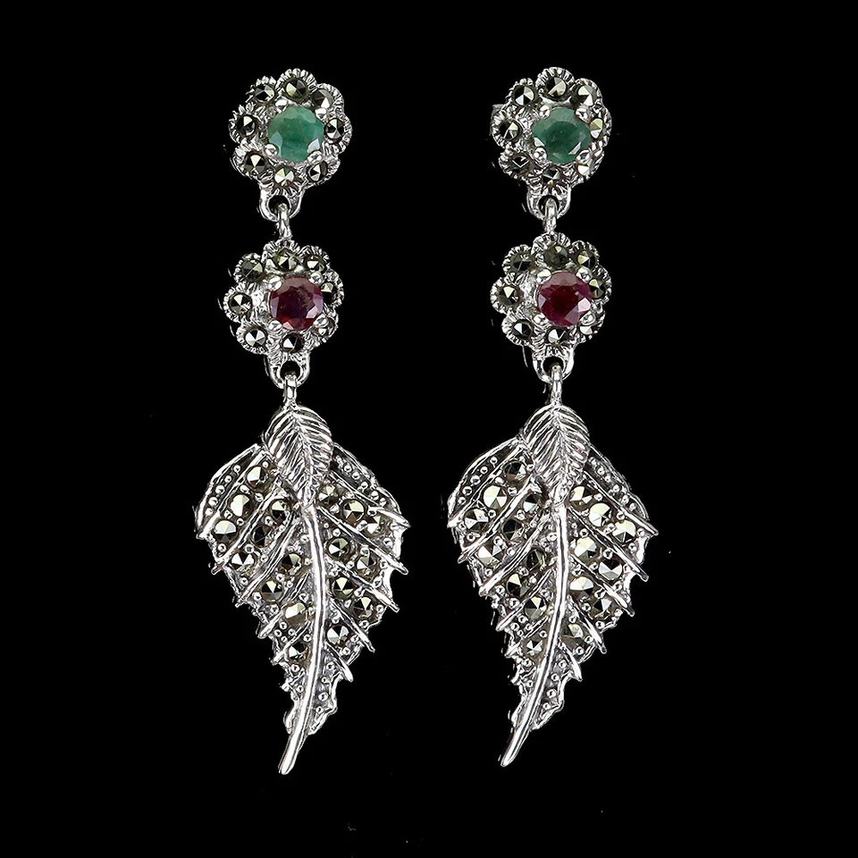 925 Sterling Silver Earrings Round Emerald Ruby Marcasite Gemstone Jewelry - Image 1 of 4