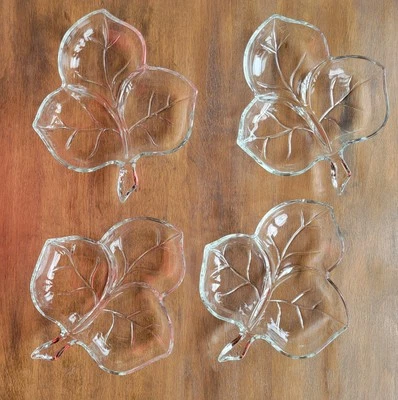 4pc 8" Maple Leaf Pattern Clear Glass Three Sect Vintage Divided Candy Nut Dish - Image 1 of 4