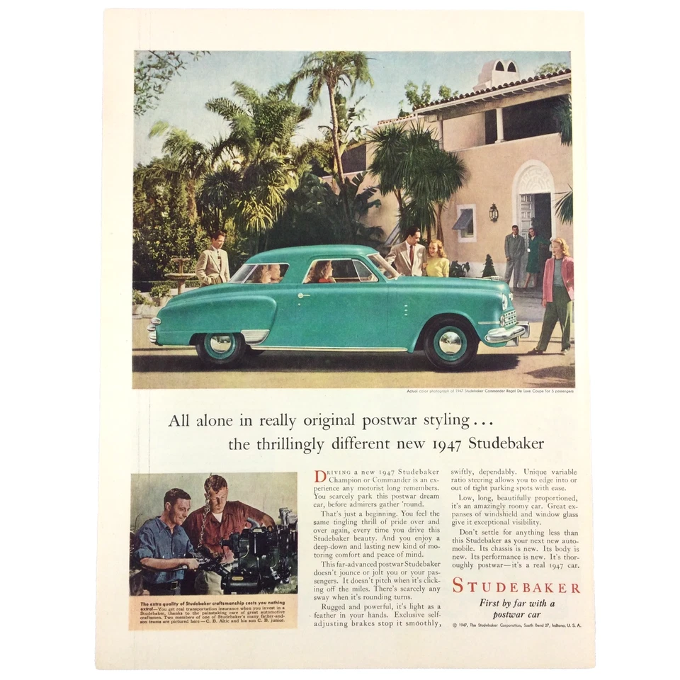 1947 Studebaker Car 1946 VINTAGE PRINT AD Teal Green Postwar Styling Sedan - Image 1 of 1