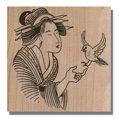 Wood Rubber Stamp, Geisha With Flying Bird, Japan,Lady,Asian,Woman,Kimono,Person - Image 1 of 2