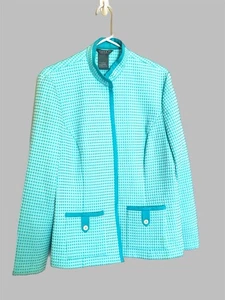 Koret Sz P10 Turquoise Blazer Jacket Check Long Sleeve Open Front Office Siren - Picture 1 of 4