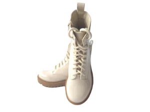 Soda Women Combat Army Motorcycle Riding Zipper Lug Boots Beige Patent FIRM 5.5M - Picture 1 of 13