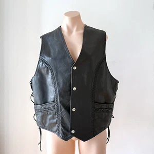 Vintage Leather Braided Vest Size XL Mens Black Tie Up Tassel Biker Adjustable - Picture 1 of 24