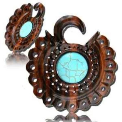 PAR DE TAPONES ESPIRALES GANCHO MADERA SONO TÚNEL INCRUSTACIÓN ESTRELLAS TURQUESA MEDIDORES TAPÓN MEDIDOR Foto 1 de 4