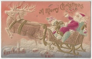 1909 Navidad Santa Claus volando en trineo, bandera estadounidense - aerógrafo postal - Imagen 1 de 2