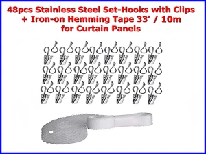 48pcs Stainless Steel Hooks Set for Drapes Curtains Window Treat +33' Hem Tape - Picture 1 of 12