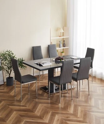 Dining Table Set Grey Glass and Grey High Gloss Rectangle 6 Faux Leather Chairs - Image 1 of 4