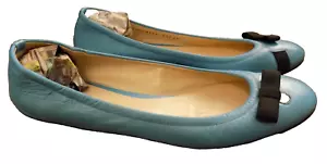 Casadei Metallic Sky Blue Navy Ribbon Bows Leather Ballet Flats sz 9 ADORABLE! - Picture 1 of 7